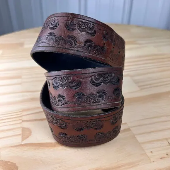 Chevrolet Corvette 1970s Boho Western Stamped Embossed 42 Brown Leather Belt